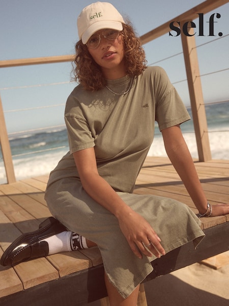 self. Khaki Green 100% Cotton T-Shirt Dress (K79305) | OMR18