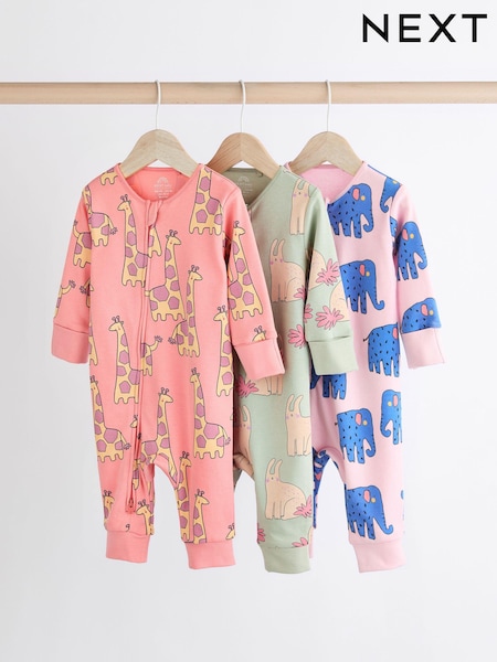 Multi Animal Baby Printed Cotton Zip Sleepsuits 3 Pack (0mths-2yrs) (K79469) | AED67 - AED74