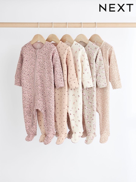 Karamellbraun - 100% Cotton Two Way Zip Baby Sleepsuits 5 Pack (0-2yrs) (K79488) | 44 € - 47 €