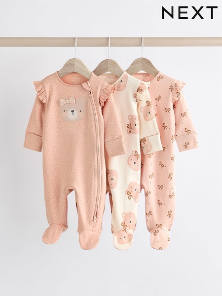 Pink, Bär - Two Way 100% Cotton Zip Baby Sleepsuits 3 Pack (0mths-2yrs) (K79501) | 31 € - 34 €