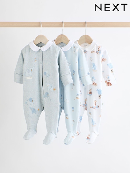 Blue Delicate Elephant Baby Embroidered Sleepsuits 3 Pack (0-2yrs) (K79503) | € 19 - € 21