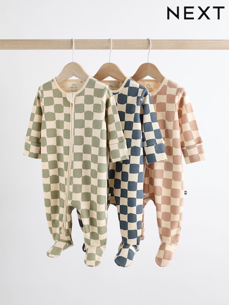Checkerboard Baby 2 Way Zip 100% Cotton Sleepsuits 3 Pack (0mths-2yrs) (K79534) | AED71 - AED78