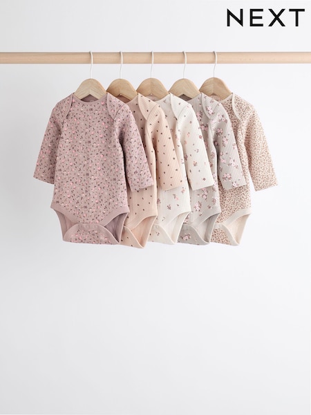 Ditsy Print Ribbed 100% Cotton Baby Bodysuits 5 Pack (K79555) | AED63 - AED71