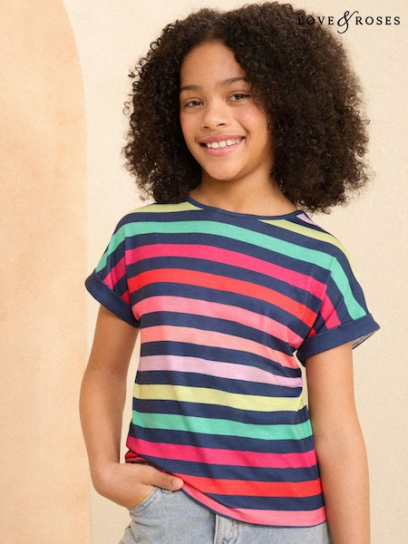 Bleumarin cu dungi curcubeu - Love & Roses Guler rotund Jersey Tricou (5-16ani) (K79571) | 50 LEI - 78 LEI
