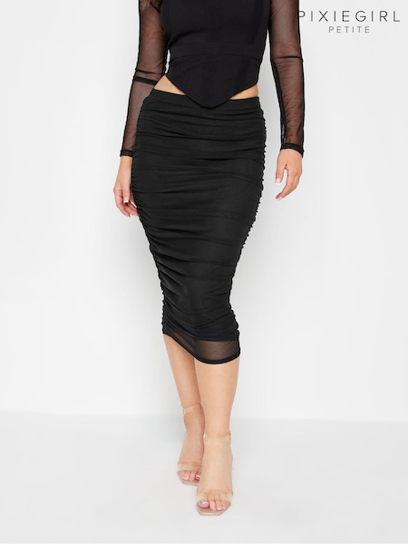 PixieGirl Petite Black Chrome Mesh Ruched Midi Skirt (K79601) | € 9