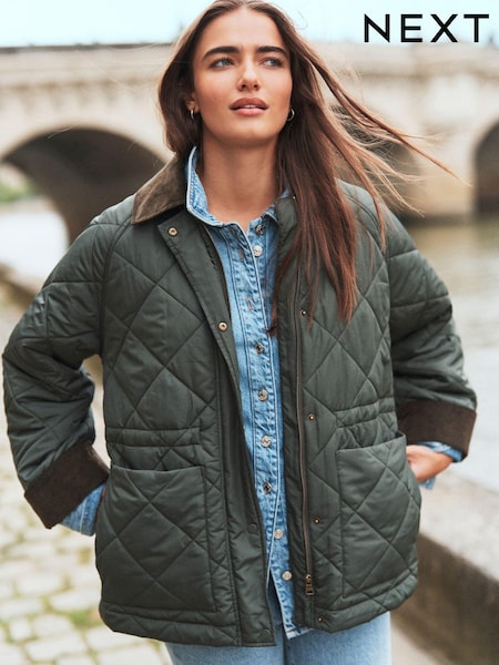 Khaki Green Quilted Corduroy Collar Shower Resistant Jacket (K79611) | €103