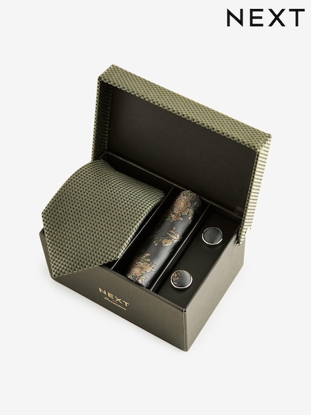 Olive Green Silk Tie, Pocket Square and Cufflinks Gift Box Set (K79678) | 198 QAR