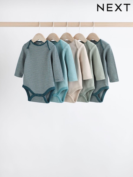 Blue Stripe Long Sleeve Baby Bodysuits 5 Pack (K79686) | CA$45 - CA$50