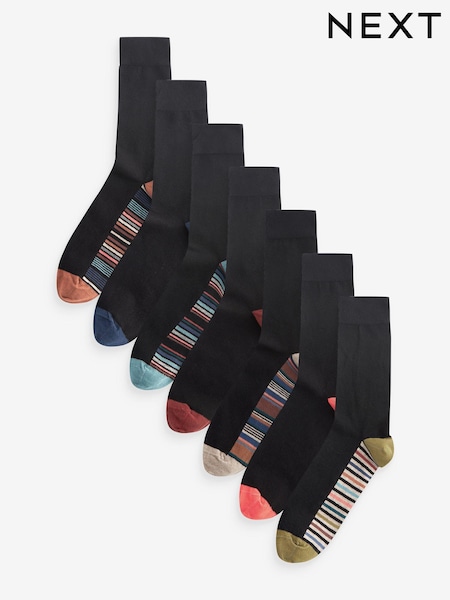 Black Multi Stripe 7 Pack Mens Cotton Rich Black Socks (K79935) | €19