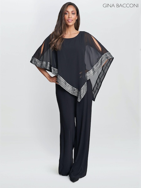 Gina Bacconi Black Eve Asymmetrical Cape Jumpsuit With Foil Trim (K79942) | €159