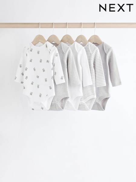 Grey/White Bear Baby Bodysuits 5 Pack (K79966) | AED63 - AED71
