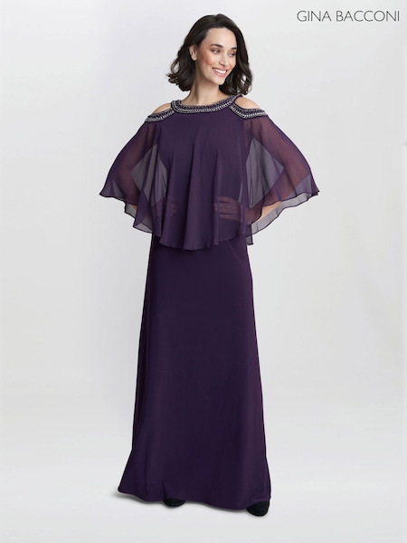 Gina Bacconi Purple Audrey Cold Shoulder Popover Gown With Beaded Neckline (K79977) | €185