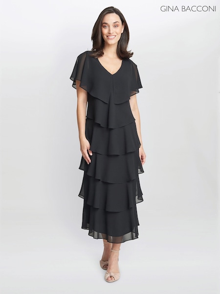 Черный - Gina Bacconi Rebecca Midi Tiered Dress With Shoulder Trim (K79985) | €318