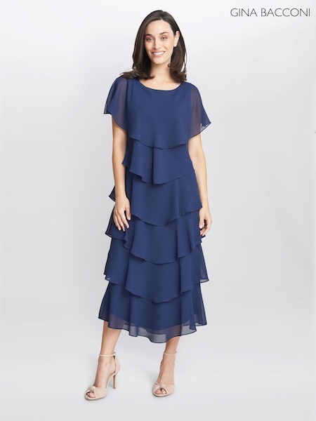 Gina Bacconi Dark Blue Tessa Midi Tiered Dress With Shoulder Trim (K79986) | $419