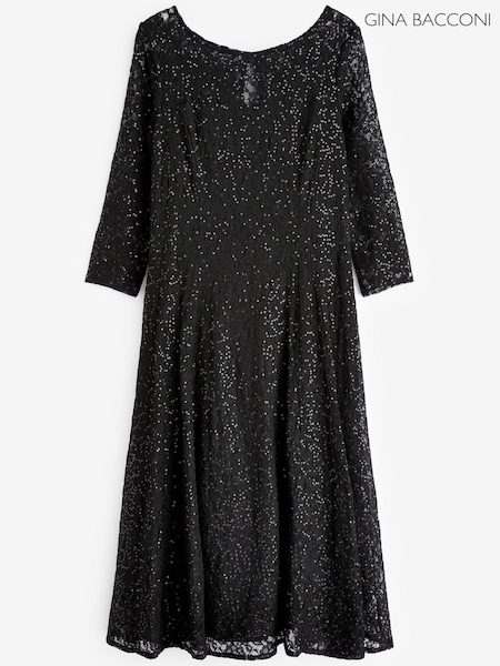 Gina Bacconi Black Elianna Midi-Length Sequin Lace 3/4 Sleeve Cocktail Dress (K79989) | €154