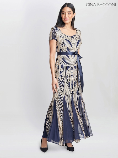 Gina Bacconi Blue Amelia Sweetheart Neck Embroidered Maxi Dress (K79990) | €223