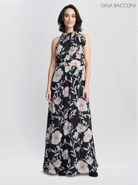 Gina Bacconi Printed Maxi Black Dress With Tie Neckline Detail (K79996) | €128