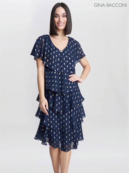 Gina Bacconi Blue Sybil Foil Print Tier Dress (K80001) | €108