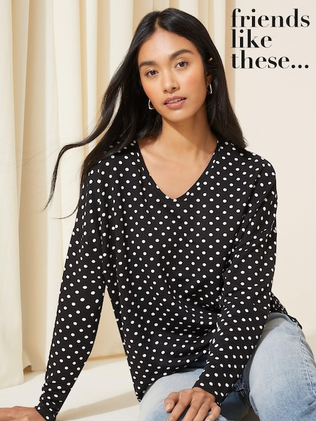 Punktmuster, Monochrom - Friends Like These Soft Jersey V Neck Long Sleeve Tunic Top (K80171) | 8 €