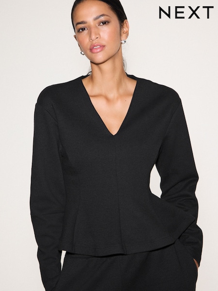 შავი - Long Sleeved V-neck Peplum Knit Look Top