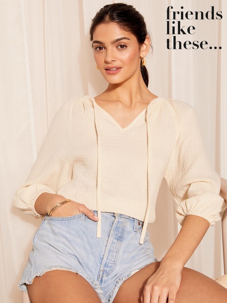 Friends Like These Stone Cream 3/4  Sleeve Tie Neck Crinkle Cotton Blouson Blouse (K80254) | €16