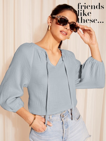 Friends Like These Blue 3/4  Sleeve Tie Neck Crinkle Cotton Blouson Blouse (K80255) | €17