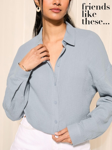 Friends Like These Blue Long Sleeve Crinkle Cotton Button Through Shirt (K80277) | €18.50