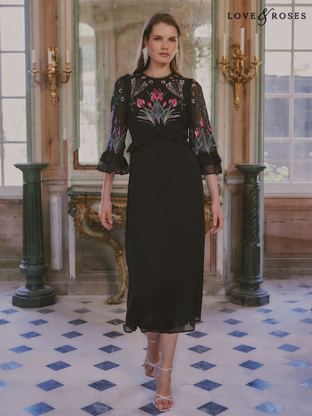 Black Floral - Love & Roses Embroidered Fluted Sleeve Midi Dress