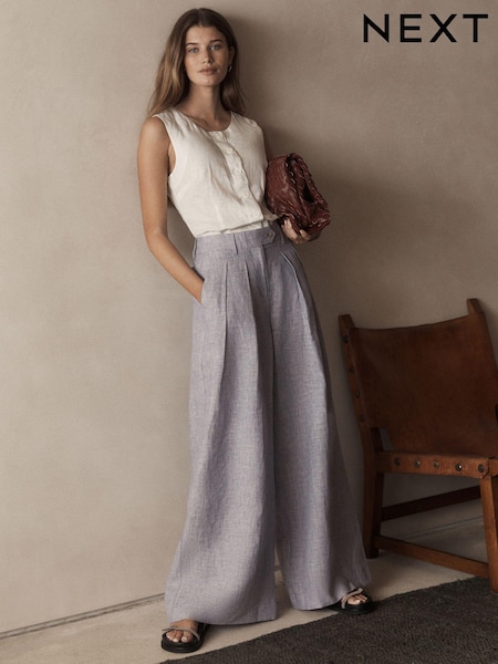 Lilac Purple Textured 100% Linen Wide Leg Trousers (K80355) | €28
