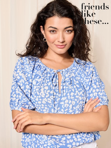 Friends Like These Blue Floral Petite Tie Neck Bubble Hem Puff Sleeve Top (K80394) | €13