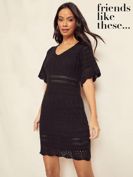 Negru - Rochie mini Friends Like These Guler în V Croșetat (K80417) | 175 LEI