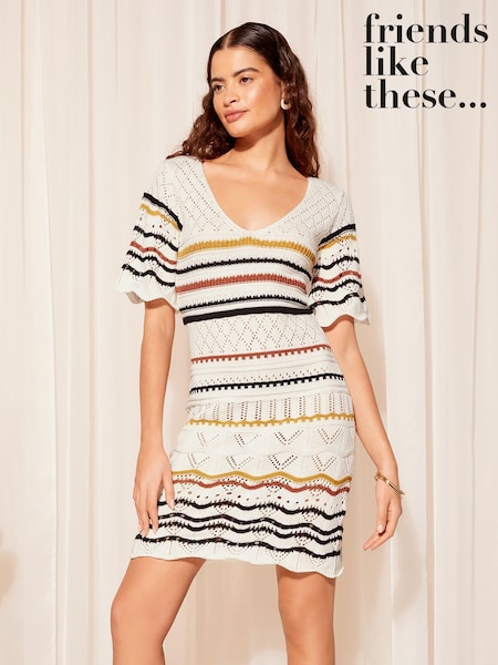 Friends Like These White Multi V Neck Crochet Mini Dress (K80440) | €27