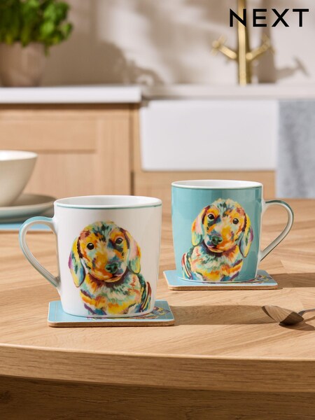 Set of 2 Teal Blue Sausage Dog Mugs (K80447) | $18