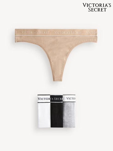 Victoria's Secret Black/White/Grey/Nude Thong Logo 4 Pack Knickers (K80743) | €22.50
