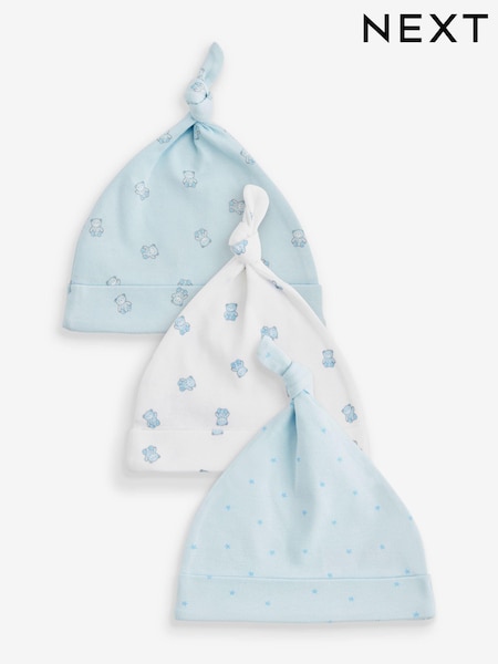 En azul/blanco con diseño de oso - Baby Tie Top 100% Cotton Hats 3 Pack (0-12mths) (K80762) | 6 €