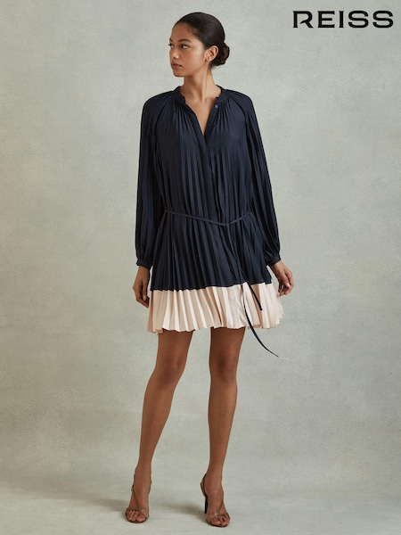 Reiss Navy/Blush Gabby Pleated Colourblock Mini Dress (K80816) | €95