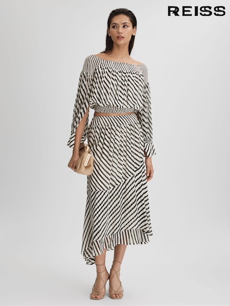 Reiss Black/Cream Dani Striped Panelled Midi Skirt (K80819) | €234
