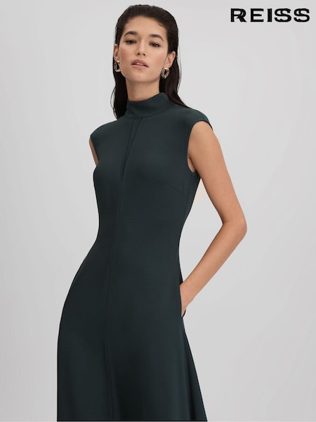 Reiss Dark Green Libby Petite Fitted Asymmetric Midi Dress (K80826) | €300