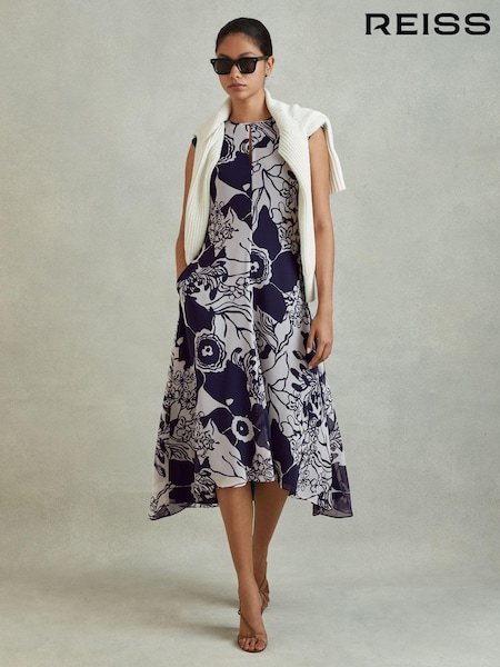 Reiss Blue Becci Printed Open Back Midi Dress (K80839) | 1,161 QAR
