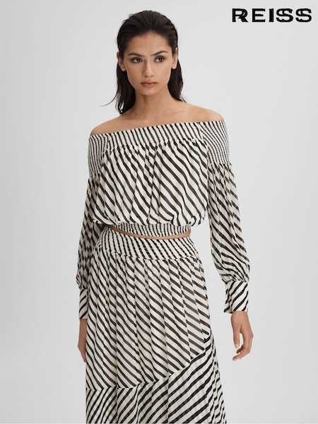 Reiss Black/Cream Lea Striped Bardot Cropped Top (K80841) | $249