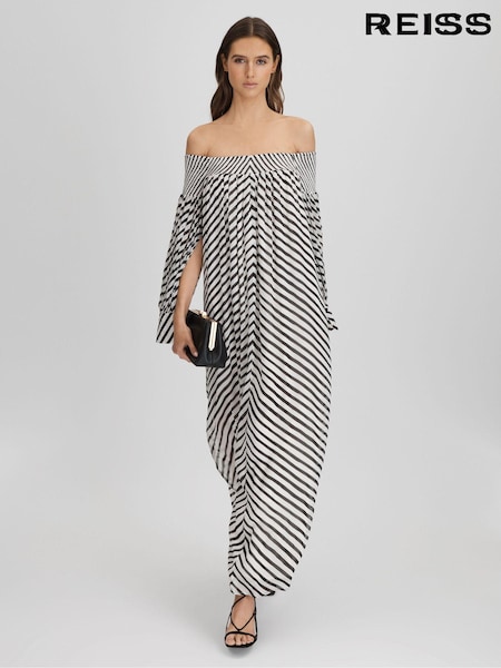 Reiss Black/Cream Fabia Striped Bardot Maxi Dress (K80849) | kr4 771