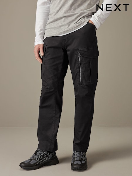 Black Straight Fit Zip Detail Stretch Cargo Trousers (K80946) | €12