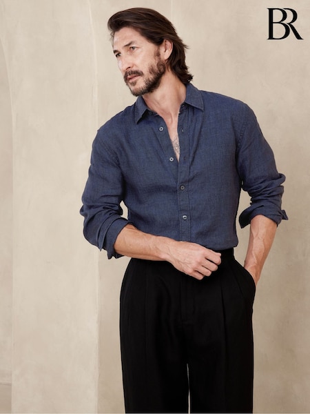 Banana Republic Navy Blue 100% Linen Castelletto Long Sleeve Shirt (K81006) | €92