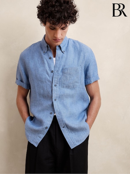 Banana Republic Blue 100% Linen Castelletto Short Sleeve Shirt (K81040) | €86