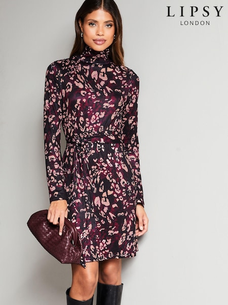 Lipsy Red Petite Jersey Tie Waist High Neck Long Sleeve Shift Mini Dress (K81174) | € 22