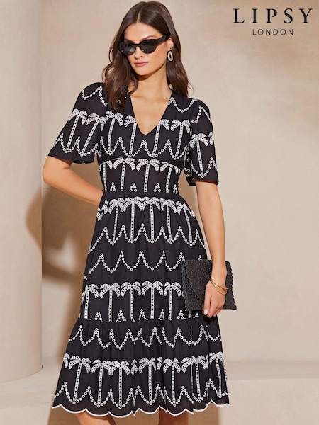 Lipsy Broderie Short Sleeve Palm Embroidered Midi Summer Dress (K81200) | 235 LEI
