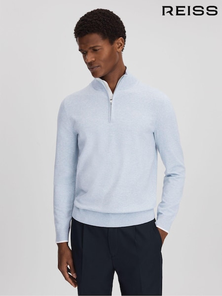 Reiss Soft Blue Melange Swinley Cotton Blend Half-Zip Funnel Neck Jumper (K81424) | €128