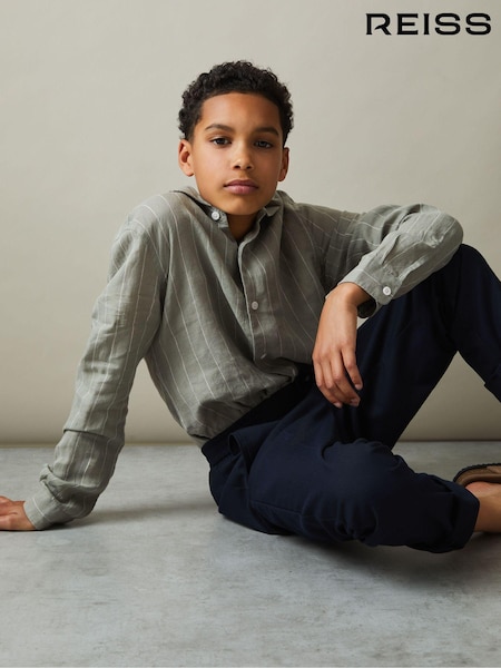 Reiss Sage Stripe Ruban Striped Linen Cutaway Collar Shirt (K81487) | AED317