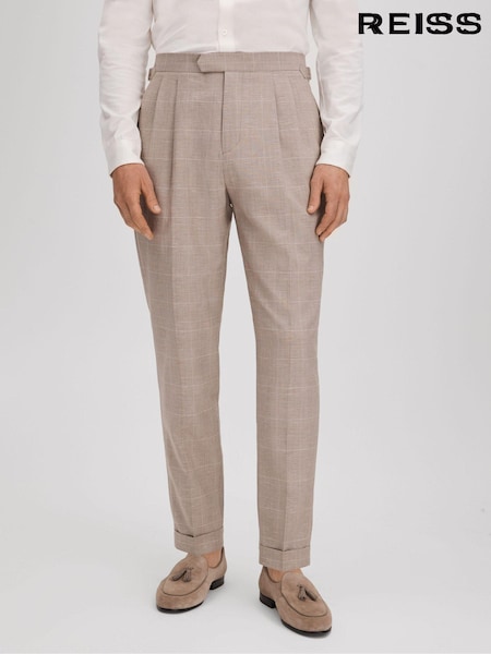 Reiss Oatmeal Collect Slim Fit Check Adjuster Trousers with Turn-Ups (K81540) | AED994