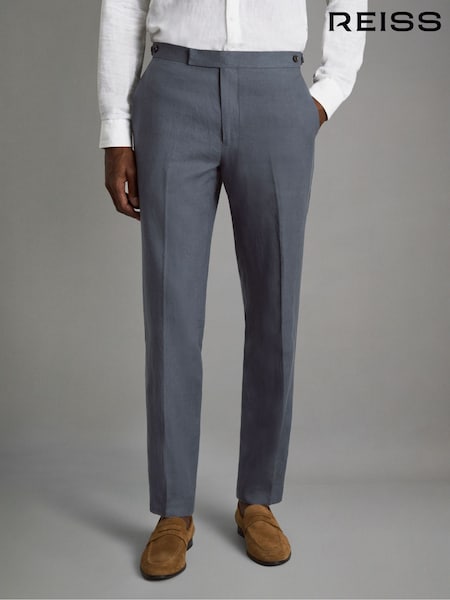 Reiss Airforce Blue Kin Slim Fit 100% Linen Adjuster Trousers (K81577) | AED1,066